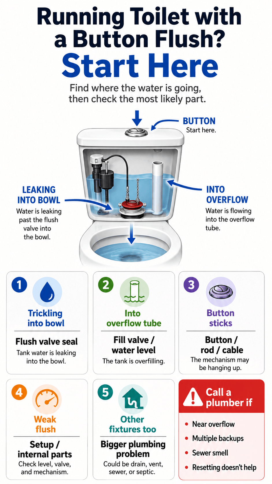 Diagnostic infographic for a running toilet with a button flush, showing bowl leak, overflow issue, and button mechanism checks